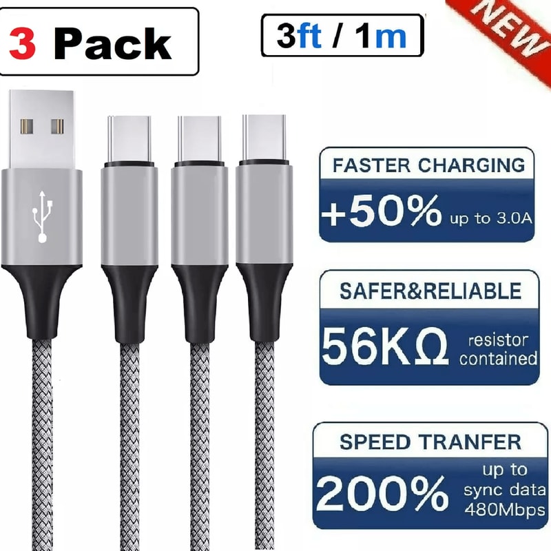 USB C TypeC Braided Charger Cables Fast Charging Data Sync Cord Set For Android Phones Tablets 7