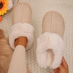 women faux fur thicken plush winter slippers, closed toe warm cotton home shoes for cozy comfort