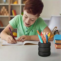 tire shaped pen holder, sturdy desk accessories & multi-functional storage organizer