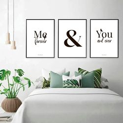 You and Me Poster Set of 3 Prints Couple Quotes Wall Art Couple Print Above Bed Sign Decor Couples Gift Above Bed Art