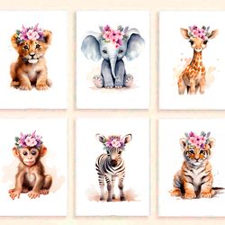 Girls Nursery Decor Safari Floral Animals Set of 6 Prints Baby Animal Prints Girls Nursery Wall Art Prints Printable Art