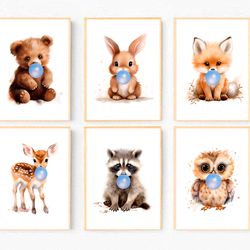 Boy Nursery Decor Wall Art Animal Prints for Boys Room Decor Woodland Baby Animal Prints Set of 6 Animals with Balloons