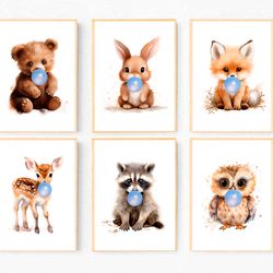 boy nursery decor wall art animal prints for boys room decor woodland baby animal prints set of 6 animals with balloons