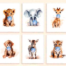 Safari Animal Prints Baby Boy Nursery Decor Set of 6 Nursery Prints Boy Nursery Wall Art Printable Animals with Balloons