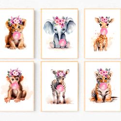 safari nursery decor girl bubblegum safari animal prints set of 6 nursery prints girl baby animals with flowers wall art