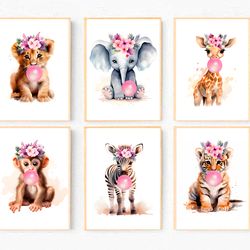 Safari Nursery Decor Girl Bubblegum Safari Animal Prints Set of 6 Nursery Prints Girl Baby Animals with Flowers Wall Art