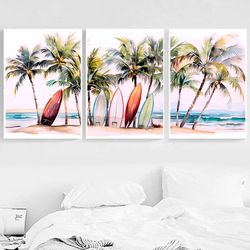beach decor set of 3 beach prints surfboard wall art surf print coastal poster tropical beach palm tree print surfing
