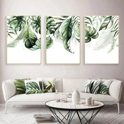 Watercolor Tropical Leaves Wall Art Tropical Decor Set of 3 Tropical Prints Modern Green Wall Decor Botanical Art Poster