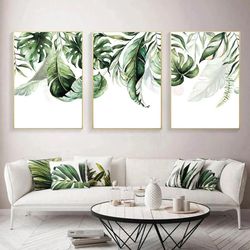 watercolor tropical leaves wall art tropical decor set of 3 tropical prints modern green wall decor botanical art poster