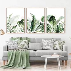 tropical decor watercolor tropical leaves wall art set of 3 tropical prints botanical wall art prints green wall decor