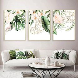 Tropical Decor Watercolor Tropical Leaves Wall Art Green Pink and Gold Set of 3 Tropical Prints Botanical Poster Art