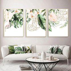 tropical decor watercolor tropical leaves wall art green pink and gold set of 3 tropical prints botanical poster art