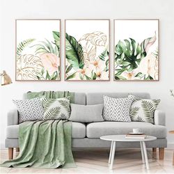 Watercolor Tropical Leaves Wall Art Green Pink and Gold Set of 3 Tropical Prints Tropical Decor Botanical Wall Art Print