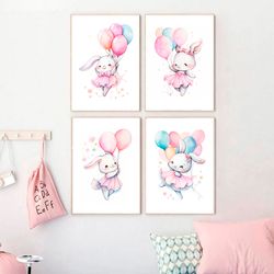 Nursery Decor Girl Wall Art Nursery Art Print Set of 4 Bunny Print Watercolor Bunny with Balloons Baby Girl Room Decor