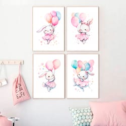 nursery decor girl wall art nursery art print set of 4 bunny print watercolor bunny with balloons baby girl room decor