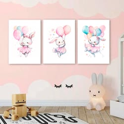 girl nursery decor wall art nursery art print set of 3 bunny print watercolor bunny with balloons baby girl room decor