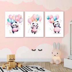 nursery decor set of 3 nursery prints girls room decor cute panda with balloons nursery wall art nursery animal prints