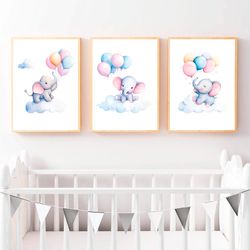 Pastel Nursery Decor Watercolor Elephant with Balloons Nursery Wall Art Set of 3 Nursery Elephant Print Baby Room Decor