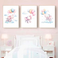 Nursery Wall Decor Elephant with Balloons Nursery Wall Art Print Set of 2 Watercolor Elephant Print Pastel Baby Room