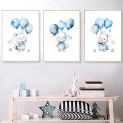 nursery decor boy wall art nursery art print set of 3 bunny print watercolor bunny with balloons baby boy room decor