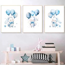 Watercolor Bunny with Balloons Boys Nursery Decor Set of 3 Nursery Prints Boy Blue Nursery Wall Art Printable Poster