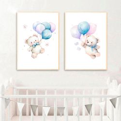 Teddy Bear and Balloons Watercolor Nursery Prints Boy Digital Download Nursery Wall Art Decor Set of 3 Baby Room Poster