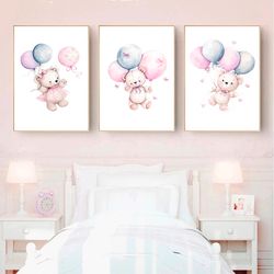 Teddy Bear and Balloons Watercolor Nursery Prints Girl Digital Download Nursery Wall Art Decor Set of 3 Baby Room Poster