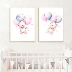 Teddy Bear and Balloons Watercolor Nursery Prints Girl Digital Download Nursery Wall Art Decor Set of 2 Baby Room Poster
