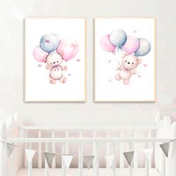 teddy bear and balloons watercolor nursery prints girl digital download nursery wall art decor set of 2 baby room poster