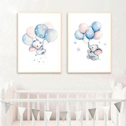 Watercolor Elephant with Balloons Nursery Prints Boy Digital Download Nursery Wall Art Decor Set of 2 Baby Room Poster