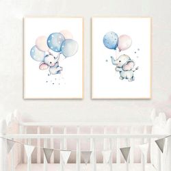 Watercolor Elephant with Balloons Nursery Decor Set of 2 Elephant Nursery Print Nursery Wall Art Baby Boy Room Poster