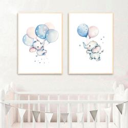 watercolor elephant with balloons nursery decor set of 2 elephant nursery print nursery wall art baby boy room poster