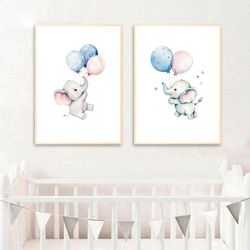 Elephant with Balloons Watercolor Nursery Art Decor Set of 2 Elephant Nursery Print Nursery Wall Art Baby Room Poster