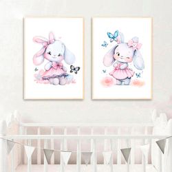 Girls Nursery Decor Wall Art Set of 2 Nursery Art Print Watercolor Bunny with Butterflies Kids Poster Baby Girl Room Art