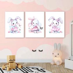 Girls Nursery Art Prints Set of 3 Watercolor Floral Bunny with Butterflies Bunny Nursery Wall Art Kids Room Wall Decor