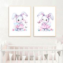 Girls Nursery Wall Art Prints Set of 2 Watercolor Bunny with Flowers Painting Nursery Wall Decor Baby Girl Room Poster
