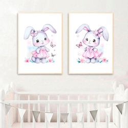 girls nursery wall art prints set of 2 watercolor bunny with flowers painting nursery wall decor baby girl room poster