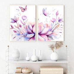 Watercolor Flower Painting Abstract Art Print Set of 2 Butterfly Prints Pastel Watercolor Floral Wall Art Flower Poster
