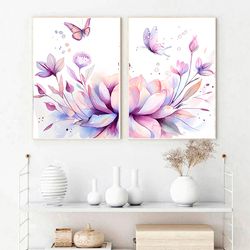 watercolor flower painting abstract art print set of 2 butterfly prints pastel watercolor floral wall art flower poster
