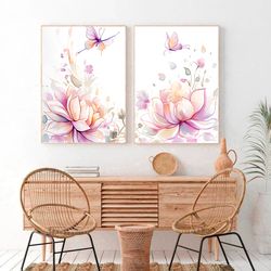 Watercolor Flowers Art Print Set of 2 Butterfly Prints Pastel Flowers Paintings Bedroom Living Room Wall Art Decor Poste