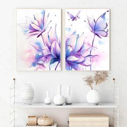 Watercolor Abstract Flowers Painting Art Print Set of 2 Butterfly Prints Purple Flowers Bedroom Living Room Wall Art
