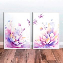 Abstract Flowers Watercolor Paintings Art Print Set of 2 Prints Lotus Flower Wall Art Flowers Butterfly Illustration