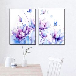 Watercolor Flowers Butterfly Painting Print Set of 2 Purple Flowers Wall Art Floral Art Print Bedroom Living Room Decor