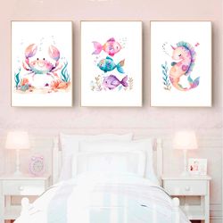Ocean Nursery Art Decor Sea Animals Set of 3 Nursery Prints Under the Sea Wall Art Gender Neutral Nautical Nursery Poste