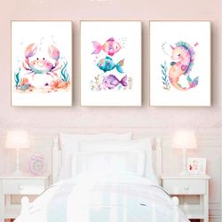 ocean nursery art decor sea animals set of 3 nursery prints under the sea wall art gender neutral nautical nursery poste