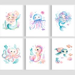 Mermaid Nursery Wall Prints Set of 6 Watercolor Mermaid Nursery Decor Sea Animal Print Girl's Room Decor Ocean Nursery