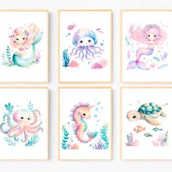 Mermaid Nursery Art Print Set of 6 Sea Animals Prints Watercolor Mermaid Nursery Wall Art Under the Sea Nursery Decor