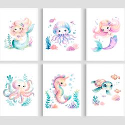 Under the Sea Nursery Decor Girl Mermaid Nursery Prints Set of 6 Sea Animals Watercolor Mermaid Ocean Nursery Wall Art