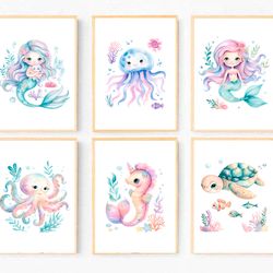 Girl Nursery Decor Watercolor Mermaid Art Print Set of 6 Ocean Animals Prints Under the Sea Nursery Wall Art Printable