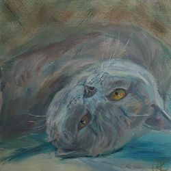 Gray Cat portrait original oil painting animal Artwork